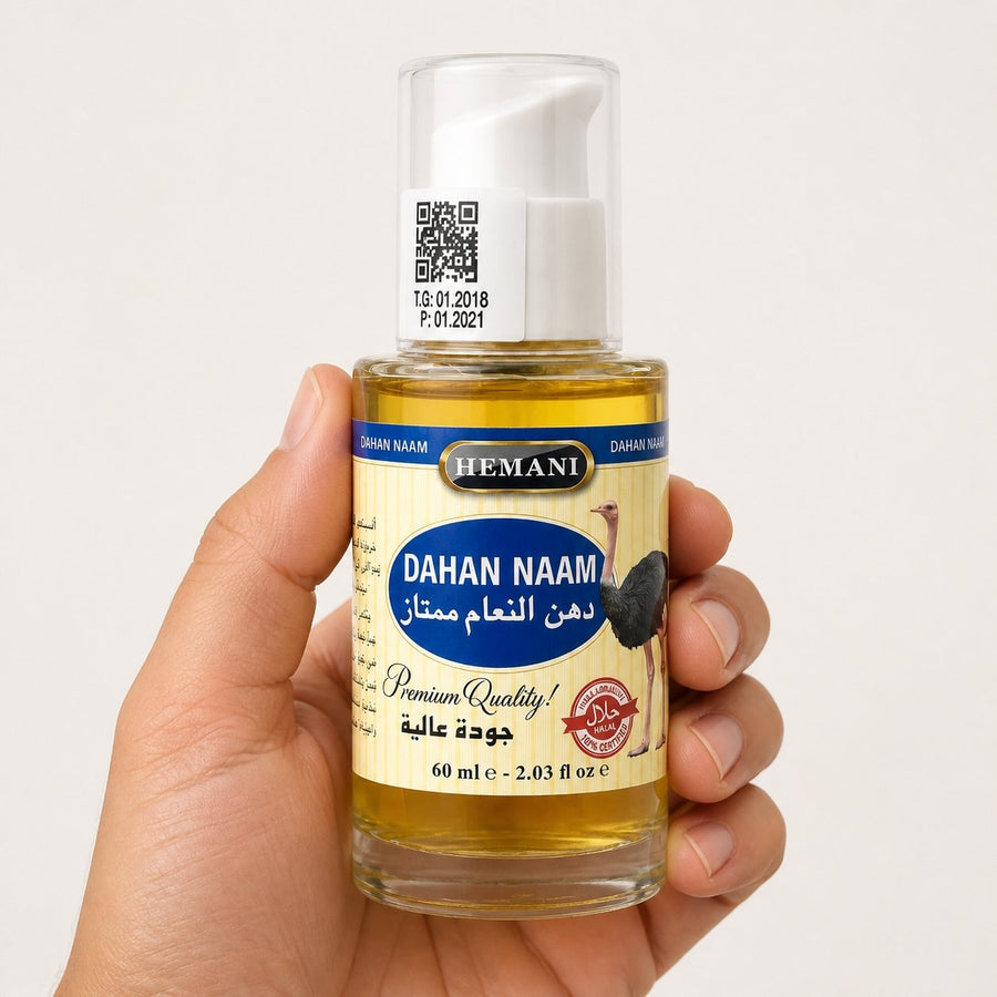 Huile d'Autruche - massage - douleur musculaire - 60mL Hemani – taille et contenance réelles du produit en main