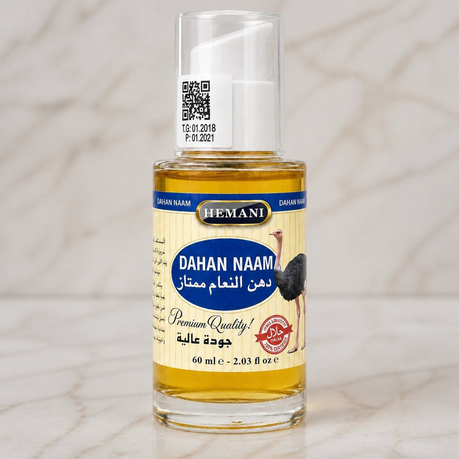 Huile d'Autruche - massage - douleur musculaire - 60mL Hemani – gros plan sur les détails et la finition du packaging