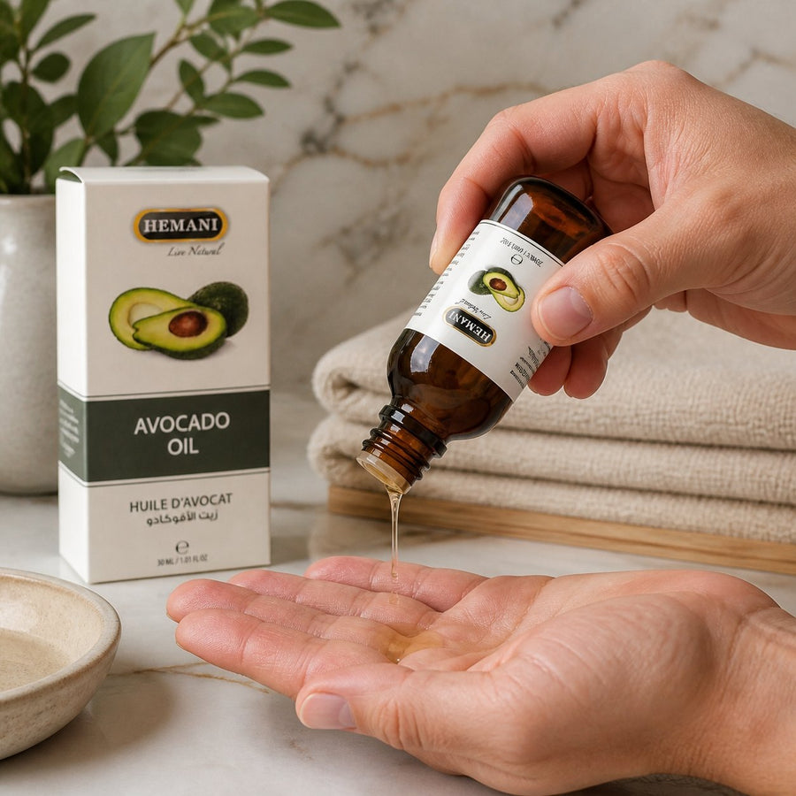 Huile d'Avocat 30ml Naturelle Hemani – application en situation réelle, geste de soin quotidien