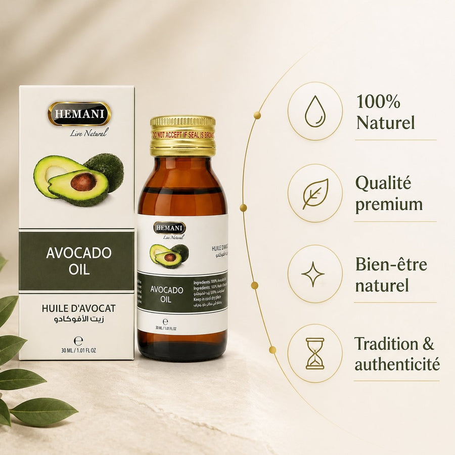 Huile d'Avocat 30ml Naturelle Hemani – infographie des bienfaits et des ingrédients clés