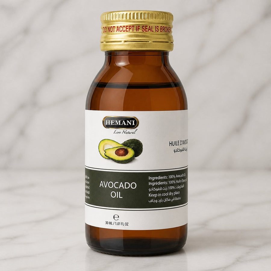 Huile d'Avocat 30ml Naturelle Hemani – gros plan sur les détails et la finition du packaging