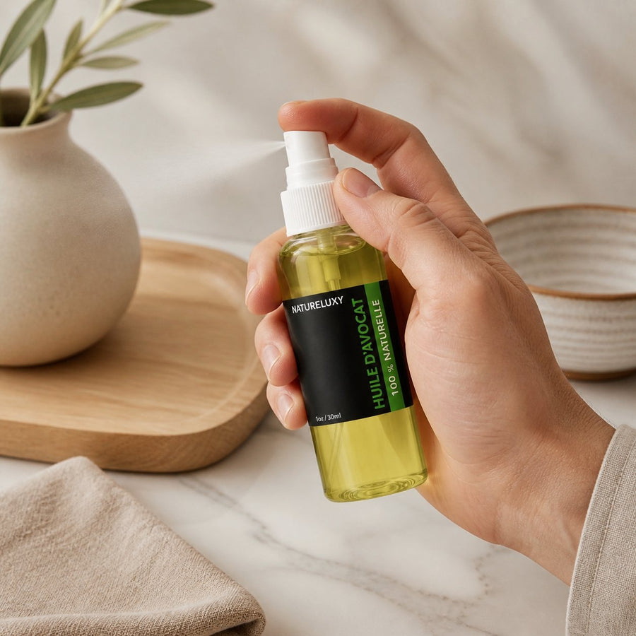Huile d’Avocat 30 mL Spray 100% Naturelle – Soin Nourrissant Peau & Zones Sèches – application en situation réelle, geste de soin quotidien