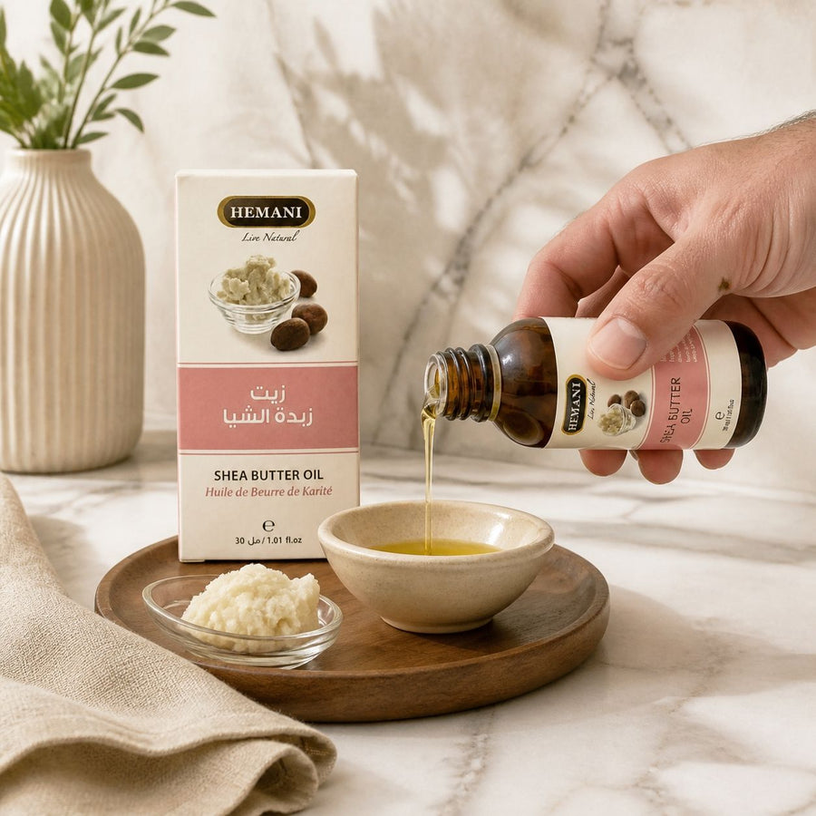 Huile de Beurre de Karité 30ml Hemani Naturel – application en situation réelle, geste de soin quotidien
