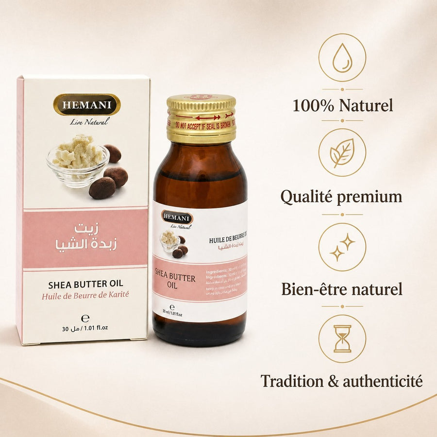 Huile de Beurre de Karité 30ml Hemani Naturel – infographie des bienfaits et des ingrédients clés