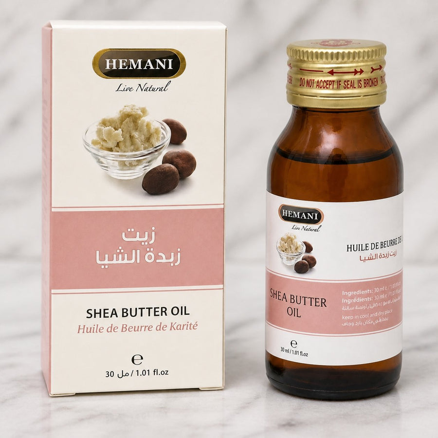 Huile de Beurre de Karité 30ml Hemani Naturel – gros plan sur les détails et la finition du packaging