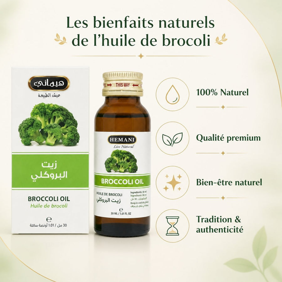 Huile de Brocoli 30ml Hemani – infographie des bienfaits et des ingrédients clés