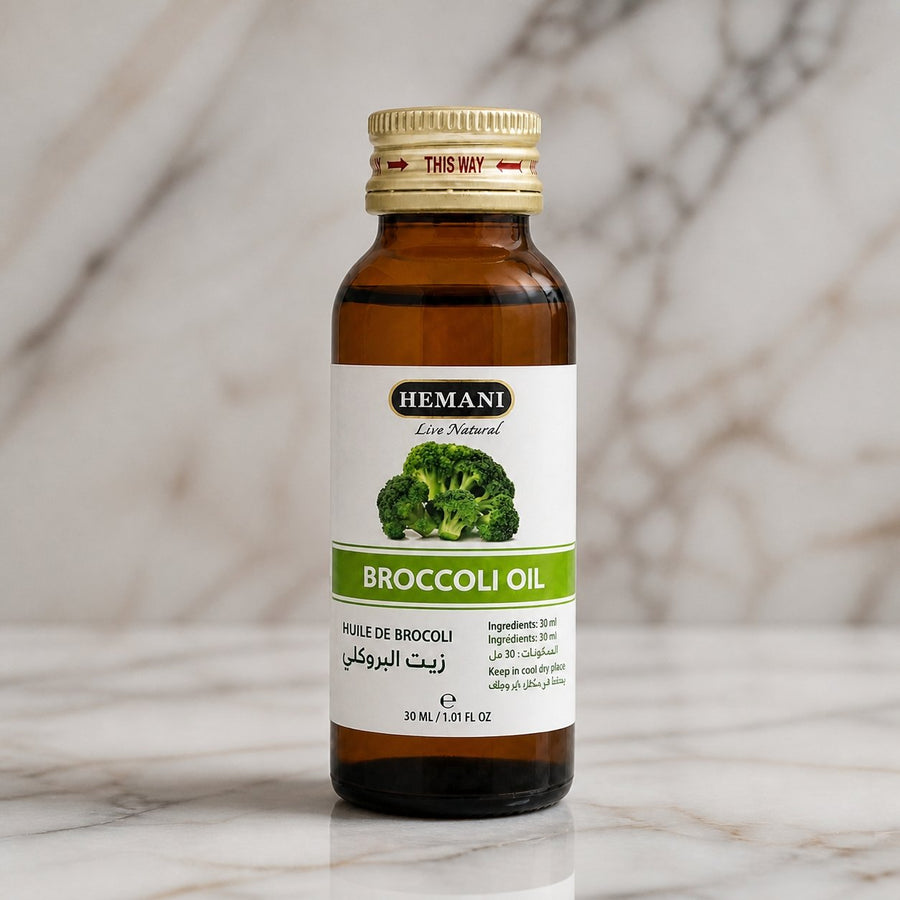 Huile de Brocoli 30ml Hemani – gros plan sur les détails et la finition du packaging