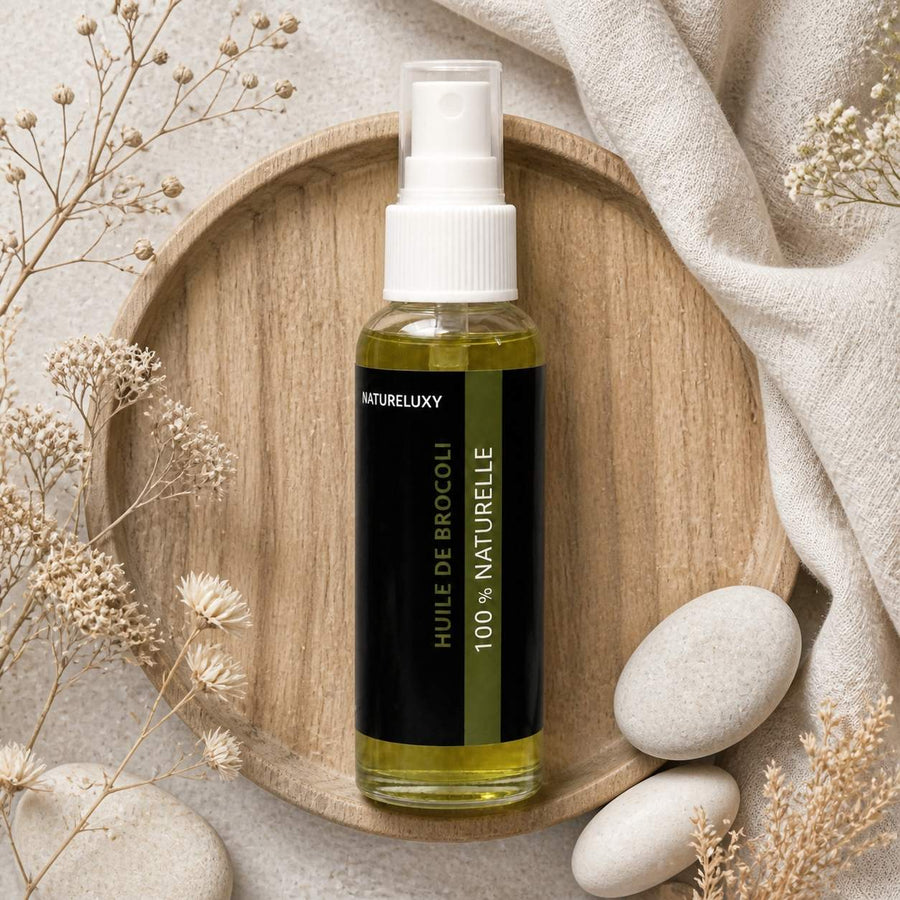 Huile de Brocoli 30mL Spray 100% Naturelle – composition flat lay avec éléments naturels, vue du dessus