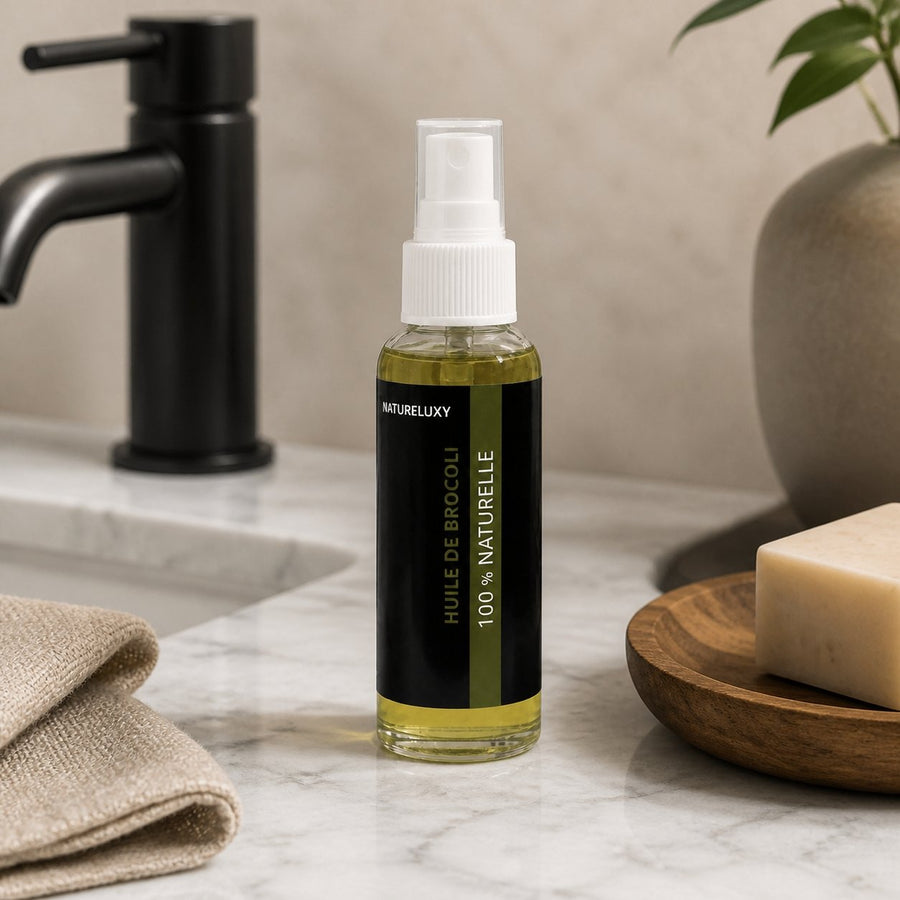 Huile de Brocoli 30mL Spray 100% Naturelle – présentation du produit dans une salle de bain lumineuse et naturelle