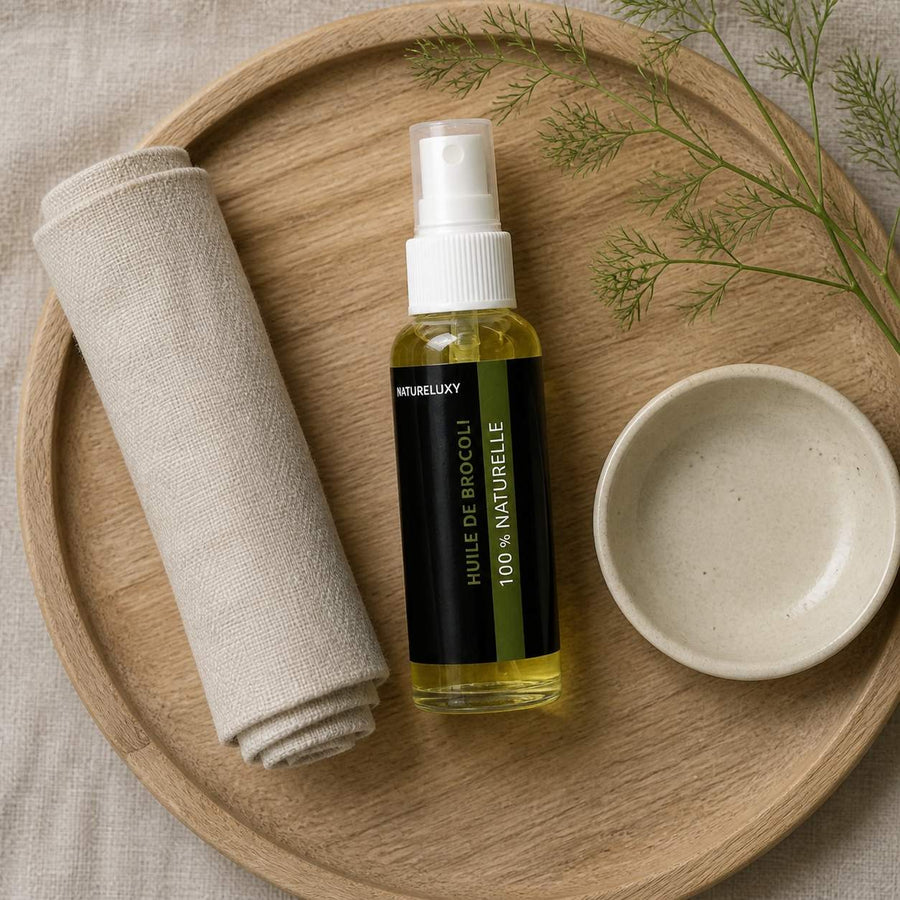 Huile de Brocoli 30mL Spray 100% Naturelle – rituel d'utilisation vu du dessus, ambiance naturelle zen