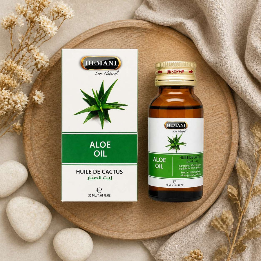 Huile de Cactus 30ml 100% Naturelle Hemani – composition flat lay avec éléments naturels, vue du dessus