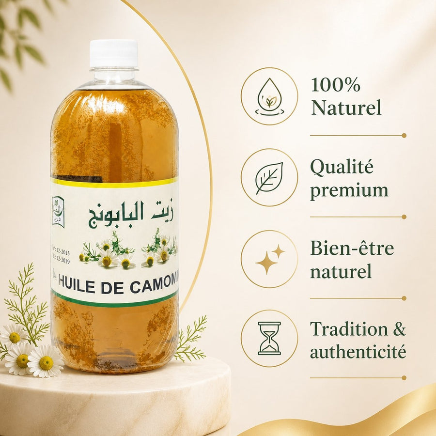 Huile de Camomille 1L 100% Naturelle – infographie des bienfaits et des ingrédients clés