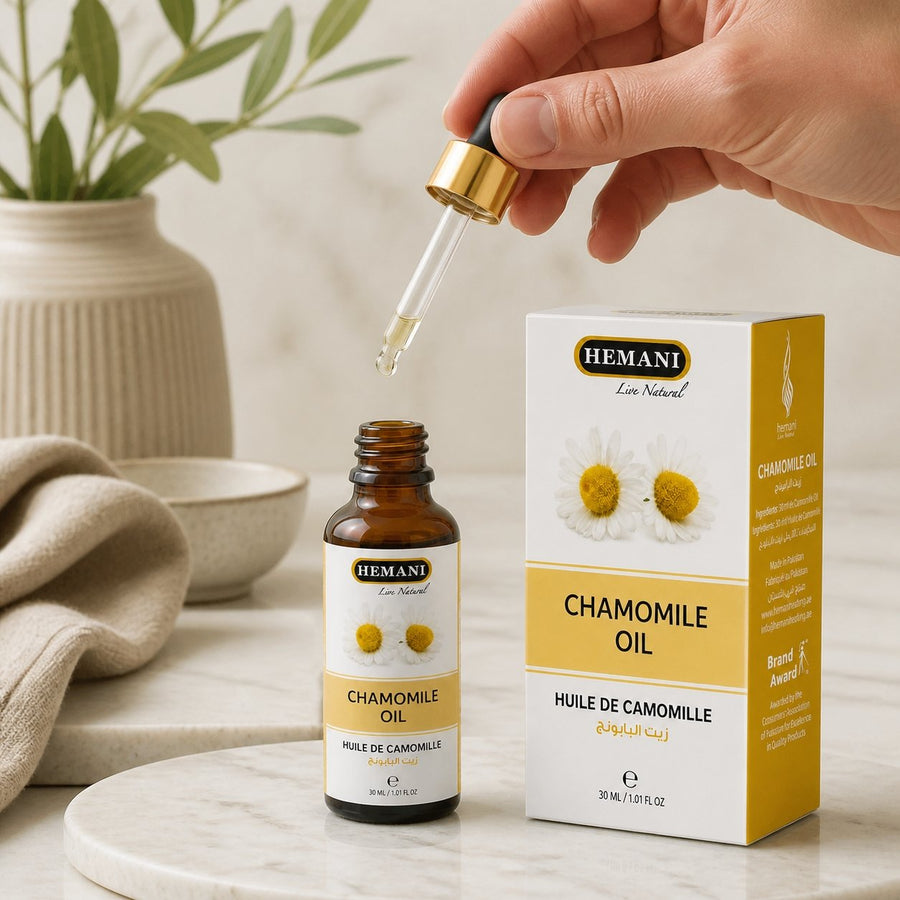 Huile de Camomille 30mL 100% naturelle Hemani – application en situation réelle, geste de soin quotidien