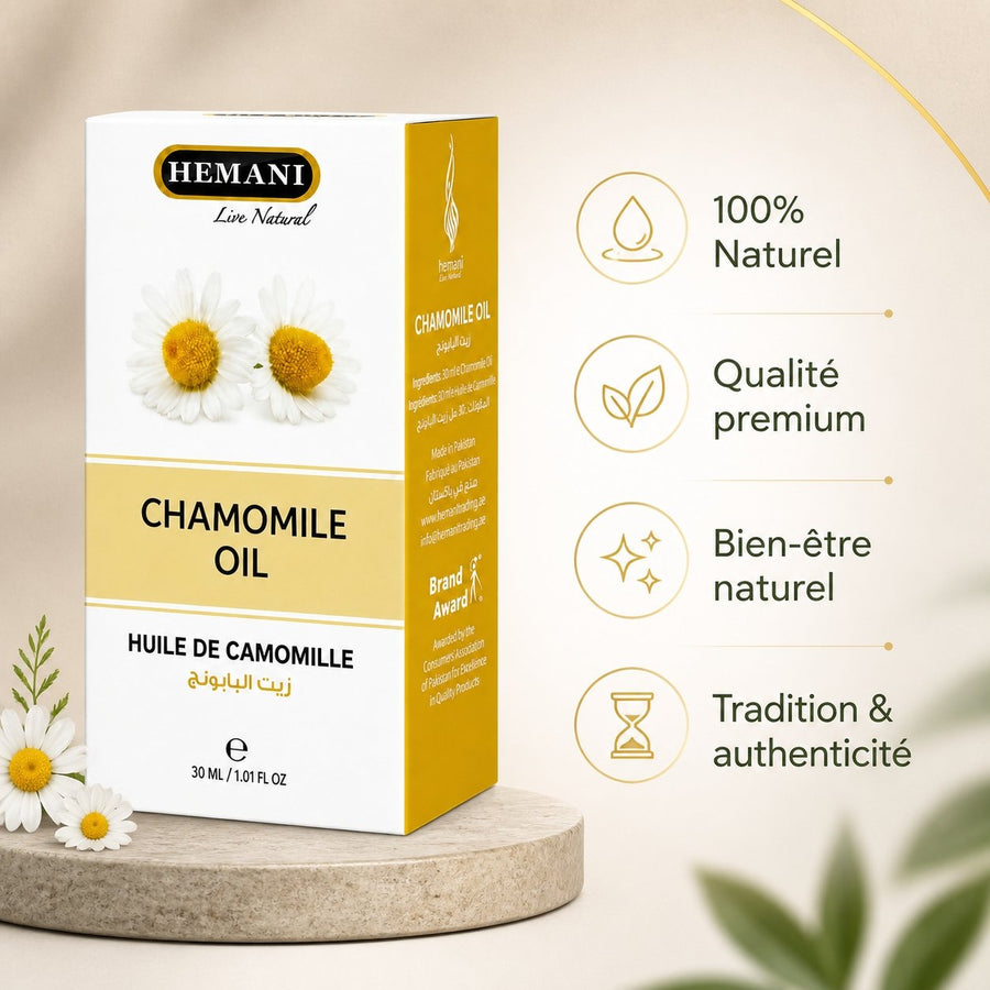 Huile de Camomille 30mL 100% naturelle Hemani – infographie des bienfaits et des ingrédients clés