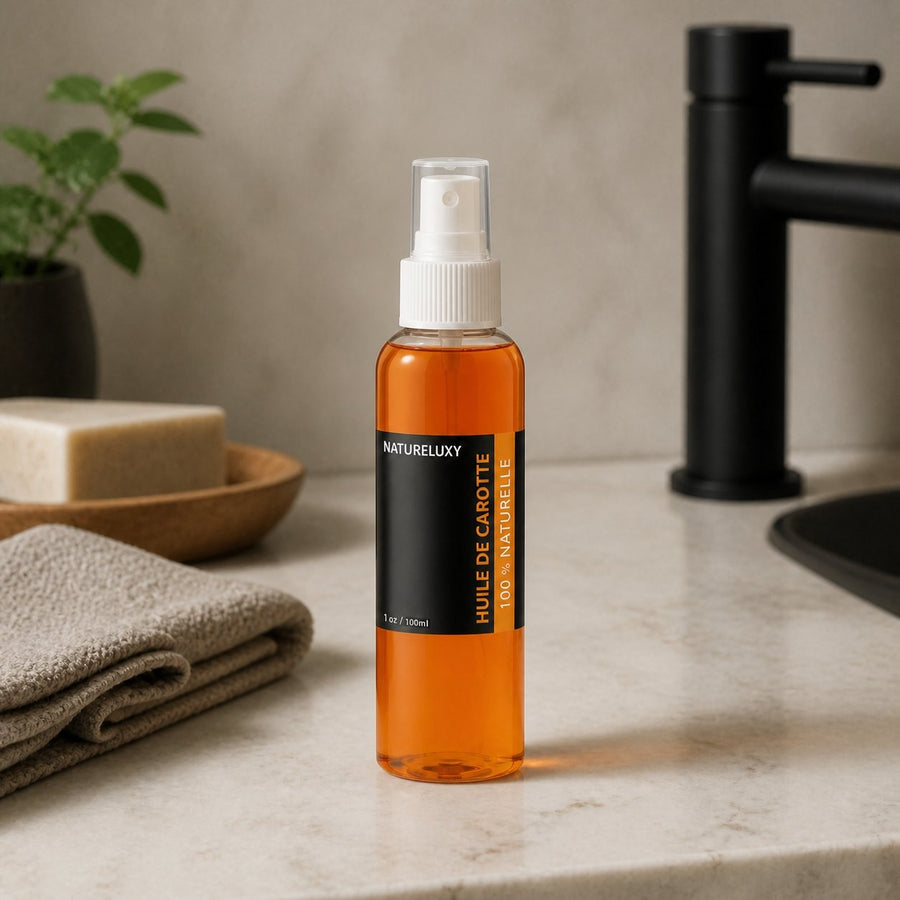 Huile de Carotte 100mL 100% Naturelle Spray – présentation du produit dans une salle de bain lumineuse et naturelle