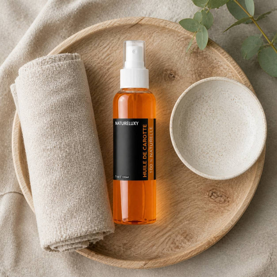 Huile de Carotte 100mL 100% Naturelle Spray – rituel d'utilisation vu du dessus, ambiance naturelle zen