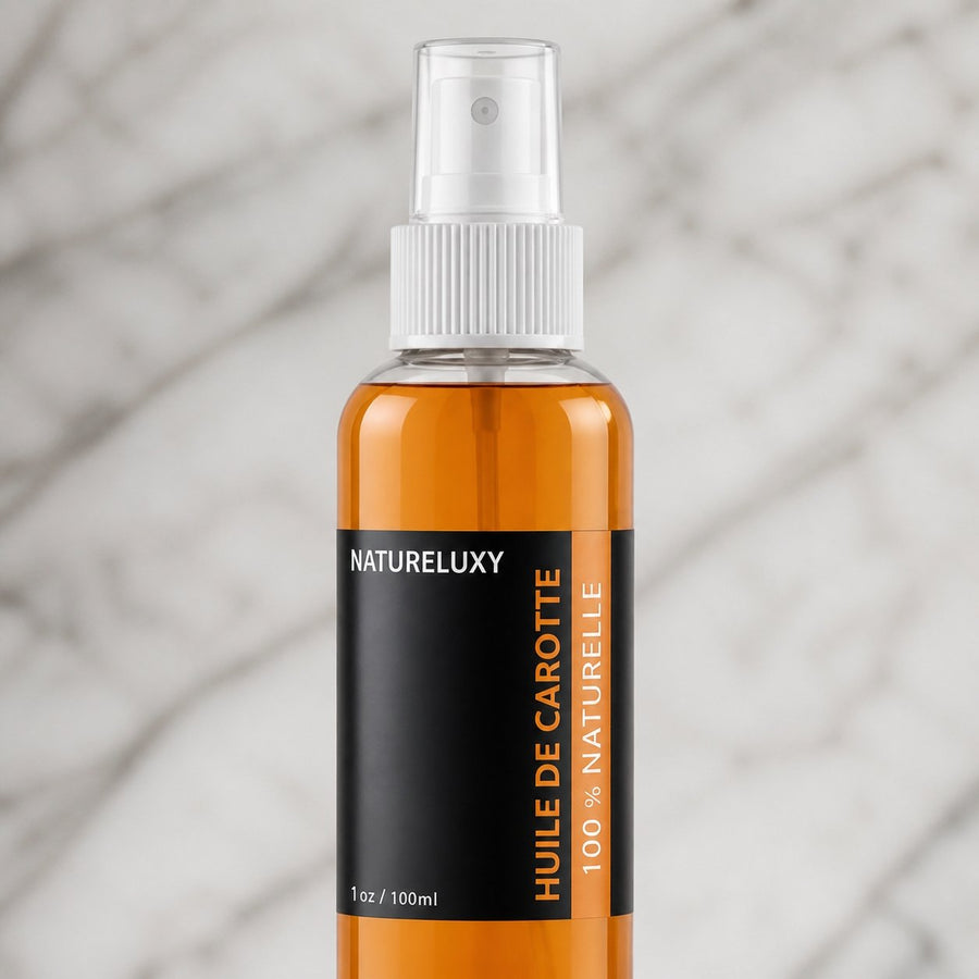 Huile de Carotte 100mL 100% Naturelle Spray – gros plan sur les détails et la finition du packaging