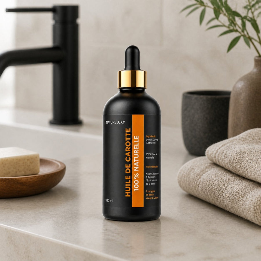 Huile de Carotte 100mL pipette 100% Naturelle – présentation du produit dans une salle de bain lumineuse et naturelle
