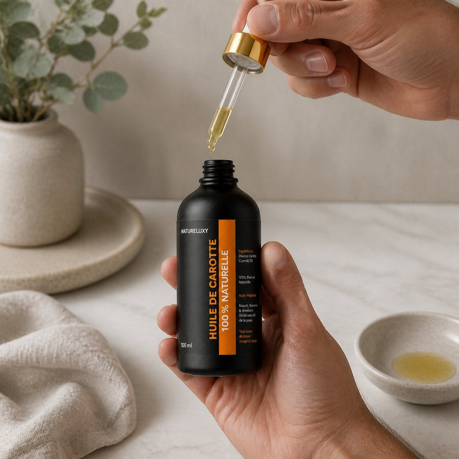 Huile de Carotte 100mL pipette 100% Naturelle – application en situation réelle, geste de soin quotidien