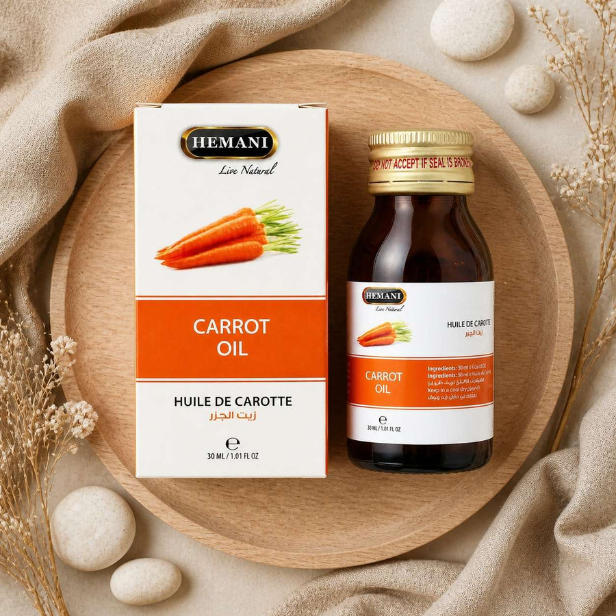 Huile de Carotte 30ml Naturelle Hemani – composition flat lay avec éléments naturels, vue du dessus