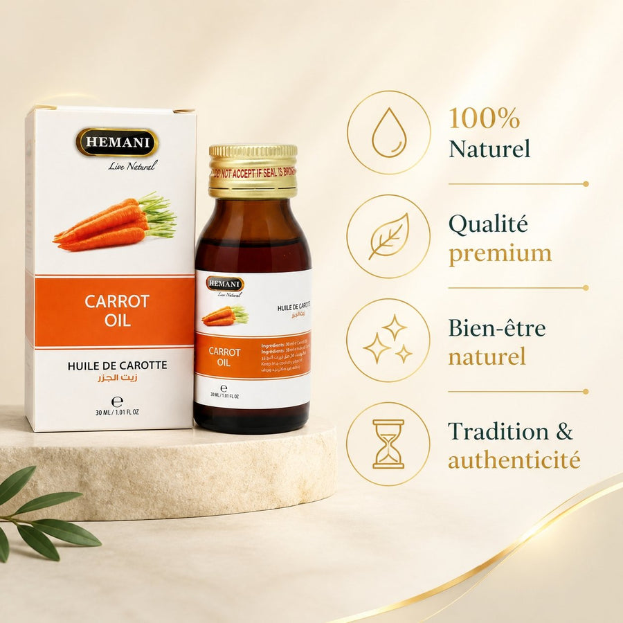 Huile de Carotte 30ml Naturelle Hemani – infographie des bienfaits et des ingrédients clés