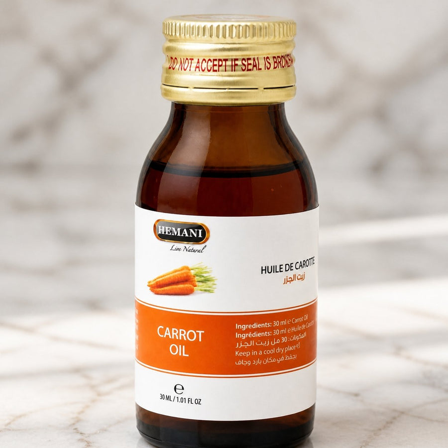 Huile de Carotte 30ml Naturelle Hemani – gros plan sur les détails et la finition du packaging