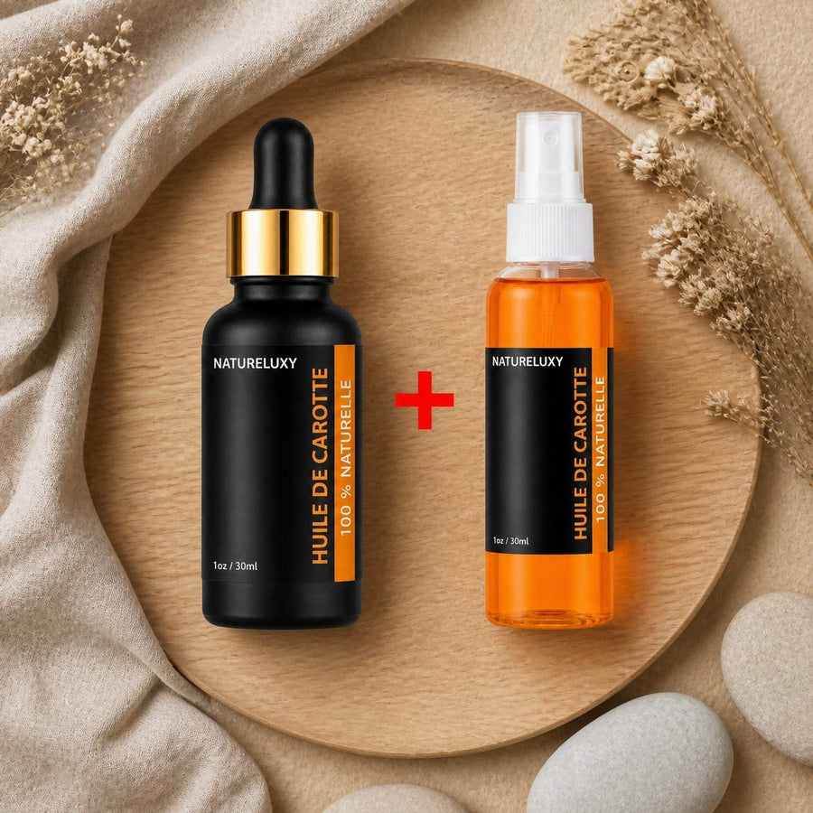 Huile de Carotte 30mL pipette + Huile de Carotte 30mL Spray 100% Naturelle – composition flat lay avec éléments naturels, vue du dessus