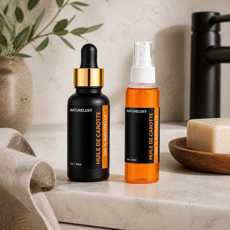 Huile de Carotte 30mL pipette + Huile de Carotte 30mL Spray 100% Naturelle – présentation du produit dans une salle de bain lumineuse et naturelle