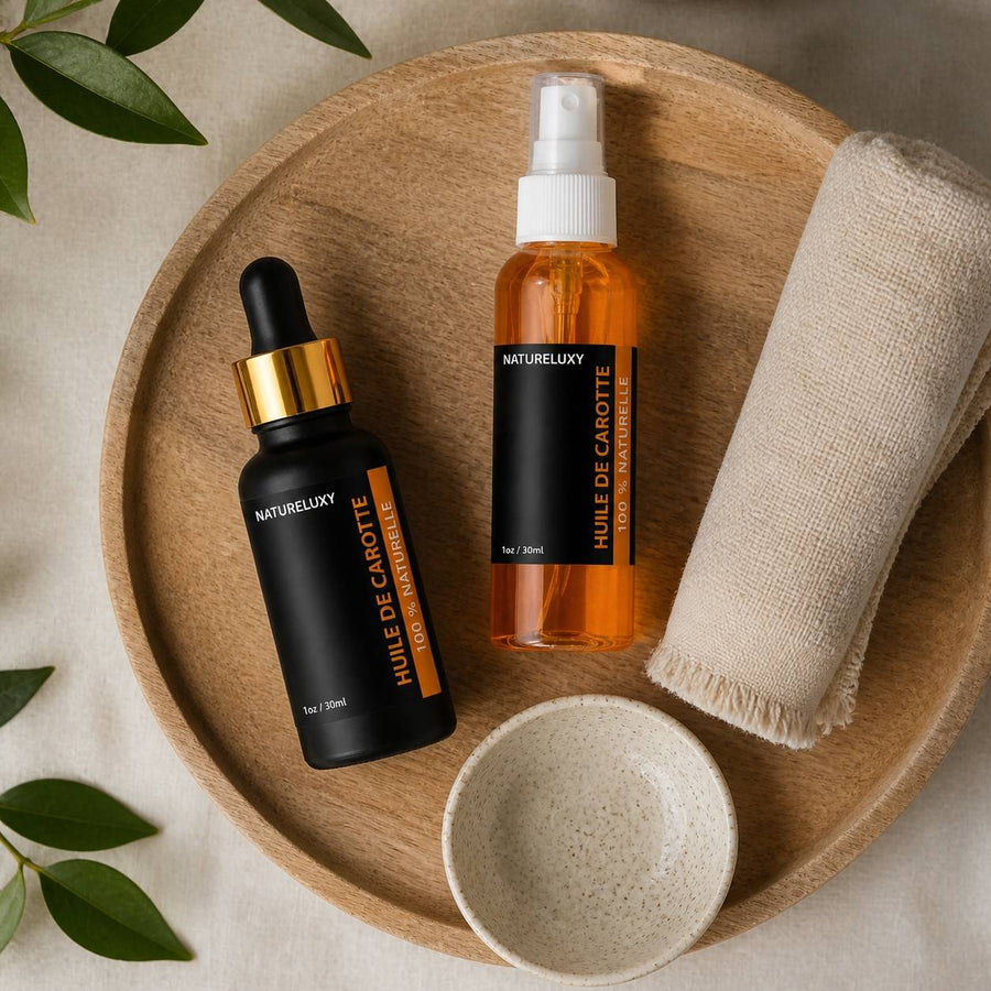 Huile de Carotte 30mL pipette + Huile de Carotte 30mL Spray 100% Naturelle – rituel d'utilisation vu du dessus, ambiance naturelle zen