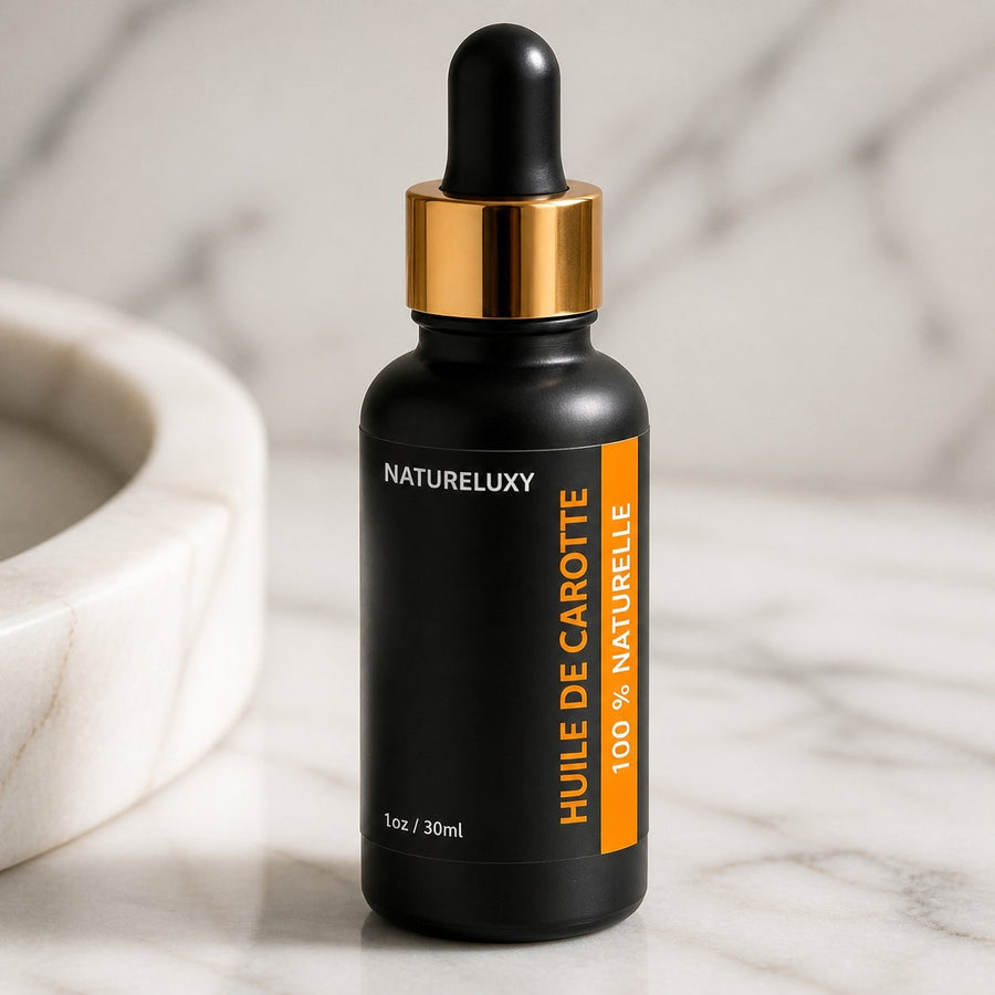 Huile de Carotte 30mL pipette + Huile de Carotte 30mL Spray 100% Naturelle – gros plan sur les détails et la finition du packaging