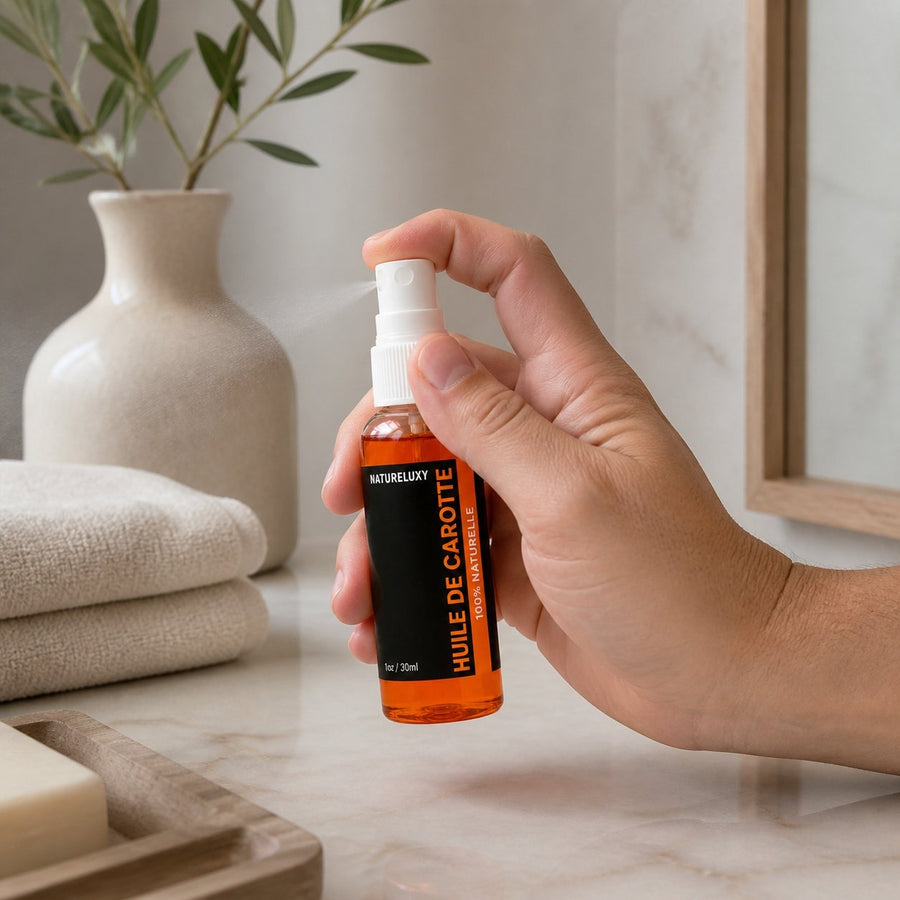 Huile de Carotte 30mL spray 100% naturelle – application en situation réelle, geste de soin quotidien