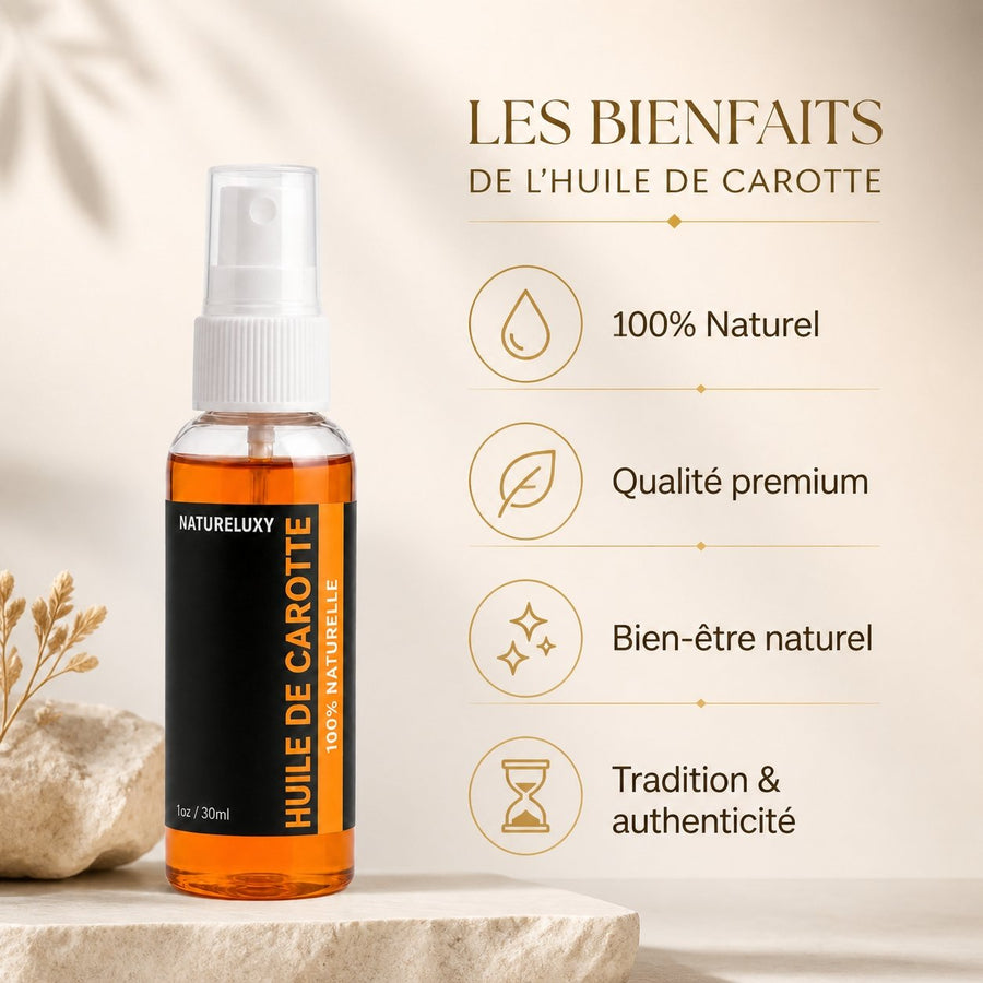 Huile de Carotte 30mL spray 100% naturelle – infographie des bienfaits et des ingrédients clés
