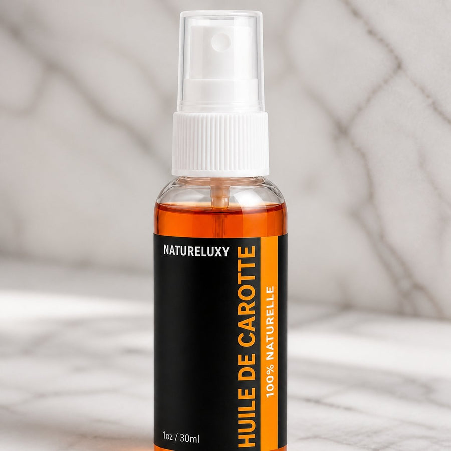 Huile de Carotte 30mL spray 100% naturelle – gros plan sur les détails et la finition du packaging