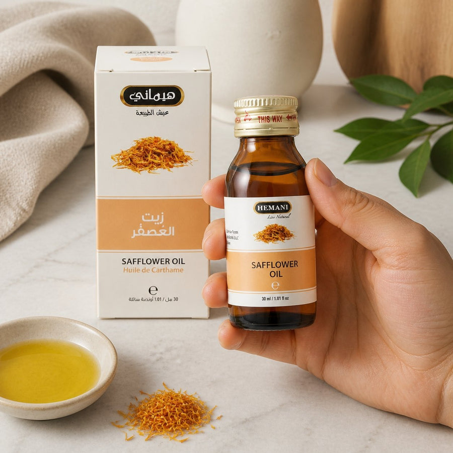 Huile de Carthame 30mL 100% Naturelle Hemani – application en situation réelle, geste de soin quotidien