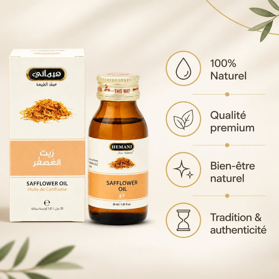 Huile de Carthame 30mL 100% Naturelle Hemani – infographie des bienfaits et des ingrédients clés