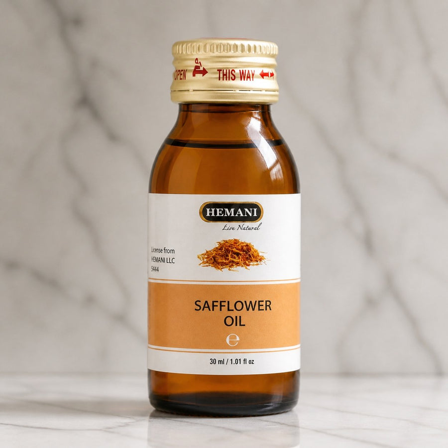Huile de Carthame 30mL 100% Naturelle Hemani – gros plan sur les détails et la finition du packaging