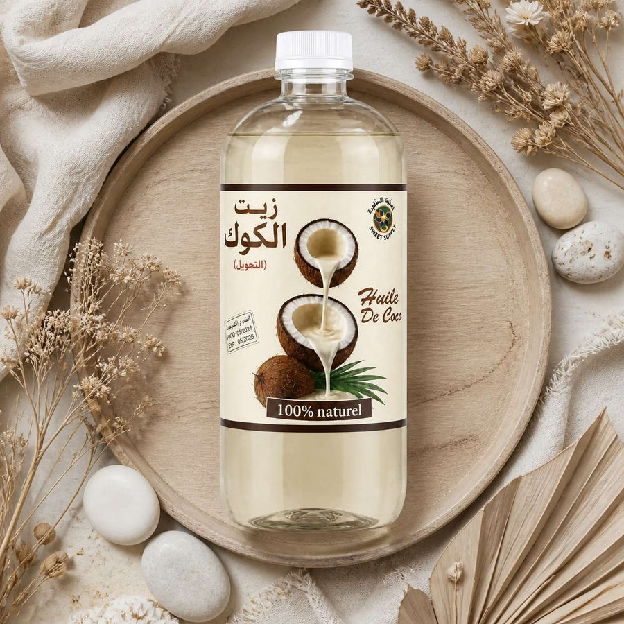 Huile de Coco 100% naturel - 1L – composition flat lay avec éléments naturels, vue du dessus