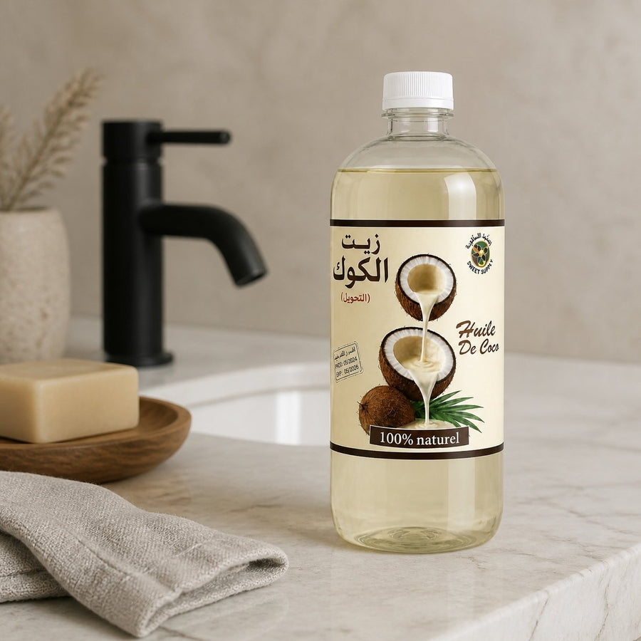 Huile de Coco 100% naturel - 1L – présentation du produit dans une salle de bain lumineuse et naturelle
