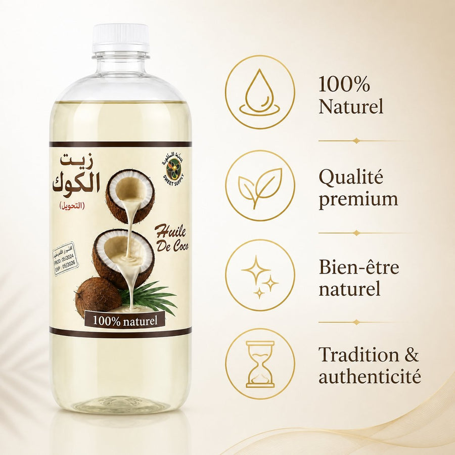 Huile de Coco 100% naturel - 1L – infographie des bienfaits et des ingrédients clés