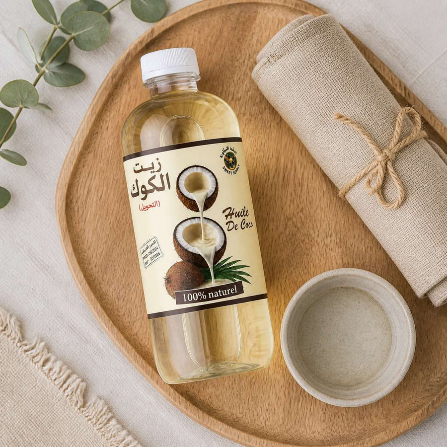 Huile de Coco 100% naturel - 1L – rituel d'utilisation vu du dessus, ambiance naturelle zen
