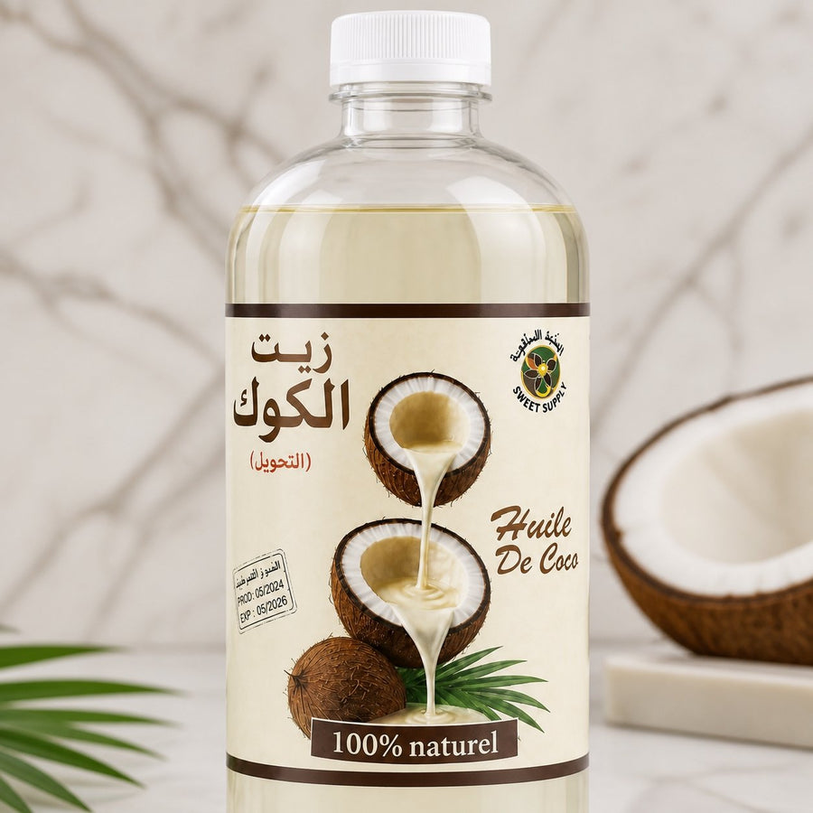 Huile de Coco 100% naturel - 1L – gros plan sur les détails et la finition du packaging