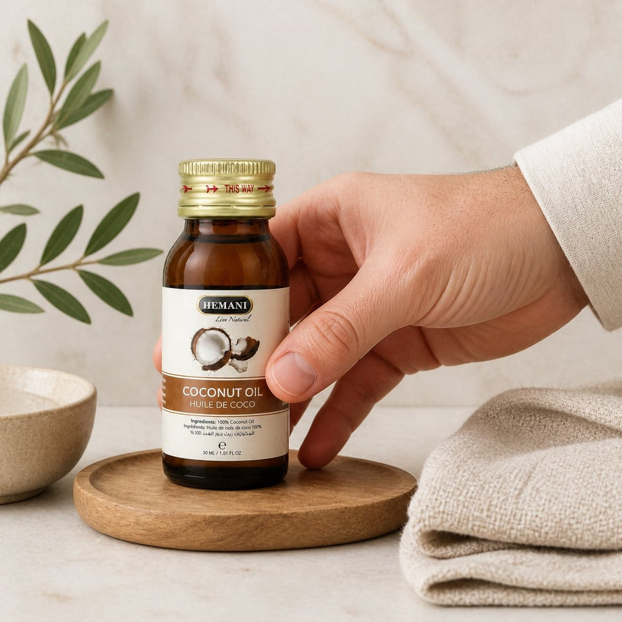 Huile de Coco 30mL 100% Naturelle Hemani – application en situation réelle, geste de soin quotidien