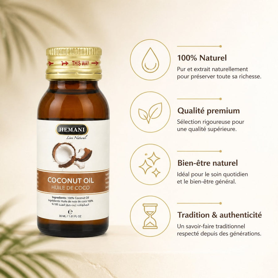 Huile de Coco 30mL 100% Naturelle Hemani – infographie des bienfaits et des ingrédients clés