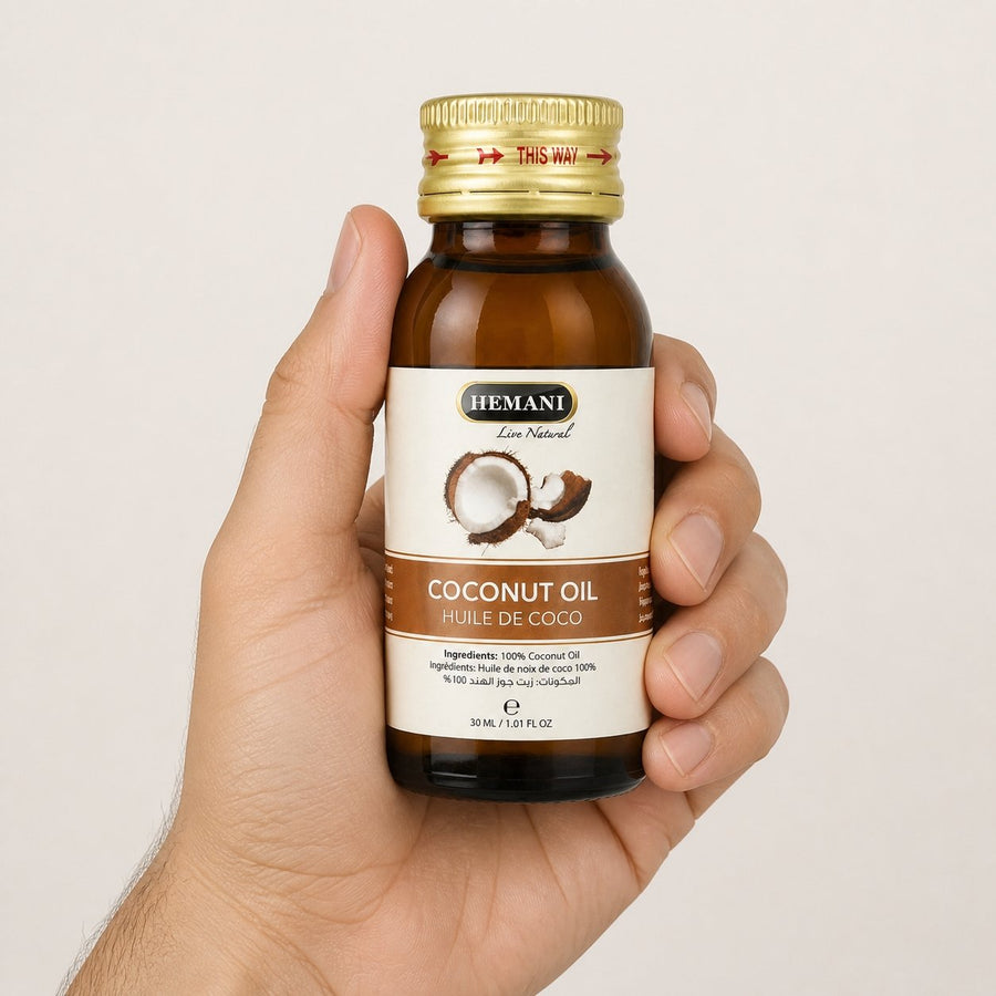 Huile de Coco 30mL 100% Naturelle Hemani – taille et contenance réelles du produit en main