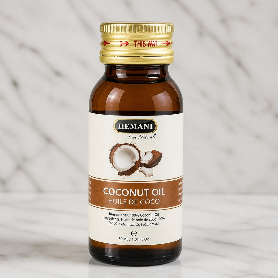 Huile de Coco 30mL 100% Naturelle Hemani – gros plan sur les détails et la finition du packaging