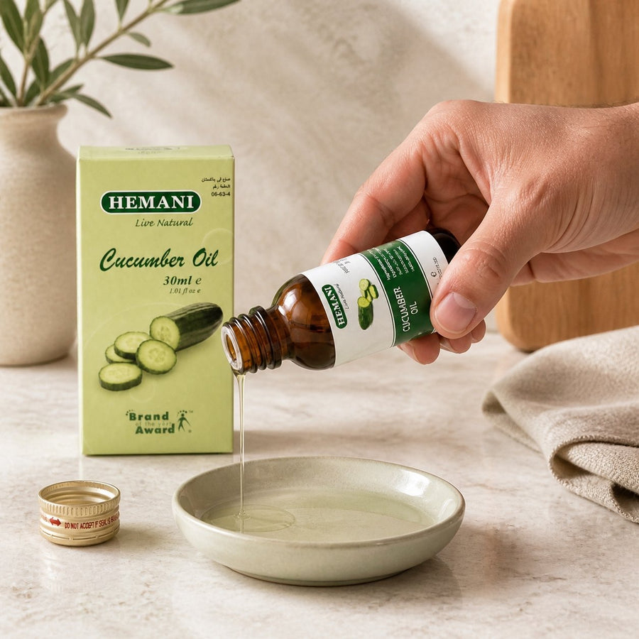 Huile de Concombre 30ml HEMANI – application en situation réelle, geste de soin quotidien