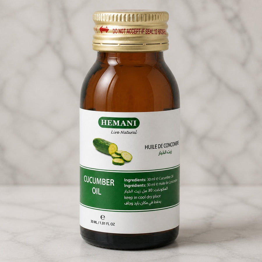 Huile de Concombre 30ml HEMANI – gros plan sur les détails et la finition du packaging