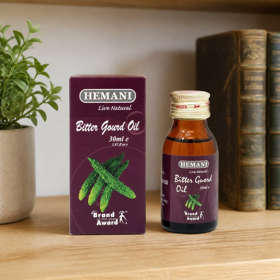 Huile de Courge Amère 30mL 100% Naturelle Hemani – présentation sur étagère en bois