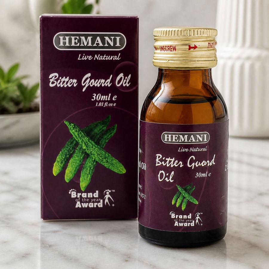 Huile de Courge Amère 30mL 100% Naturelle Hemani – gros plan sur les détails et la finition du packaging