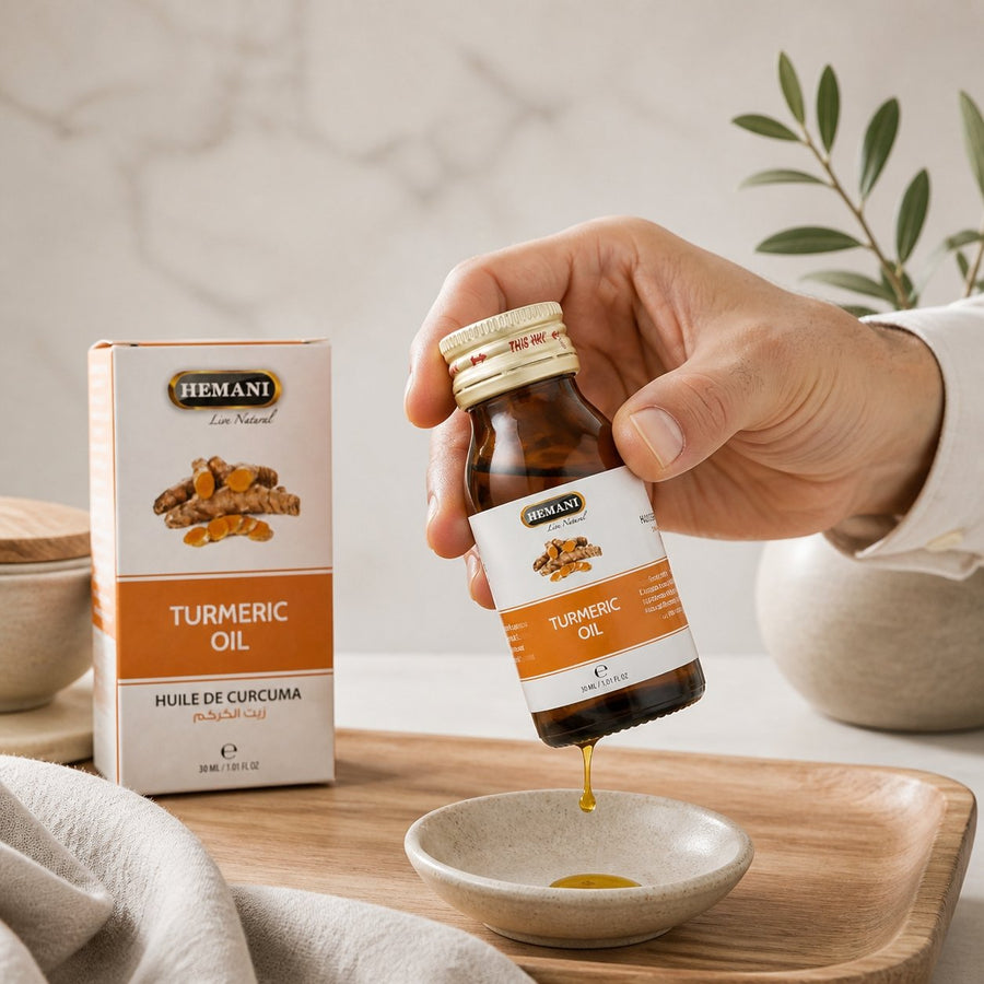 Huile de Curcuma 30mL Hemani 100% naturelle – application en situation réelle, geste de soin quotidien